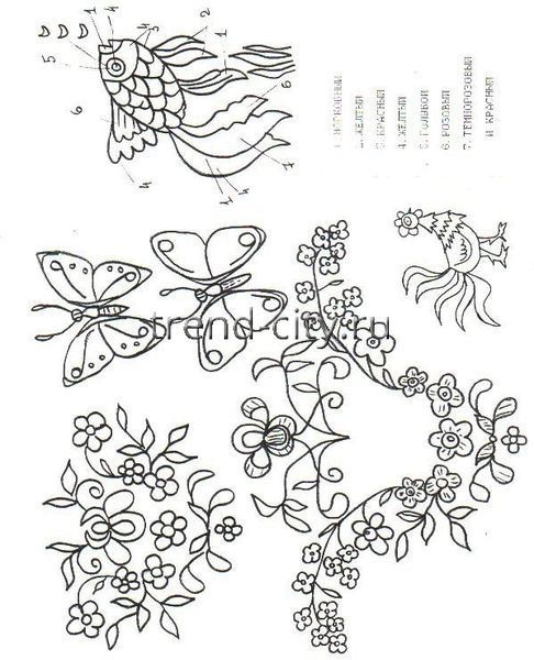 Схема вышивки гладью - Элементы для композиции - насекомые, растения, птицы