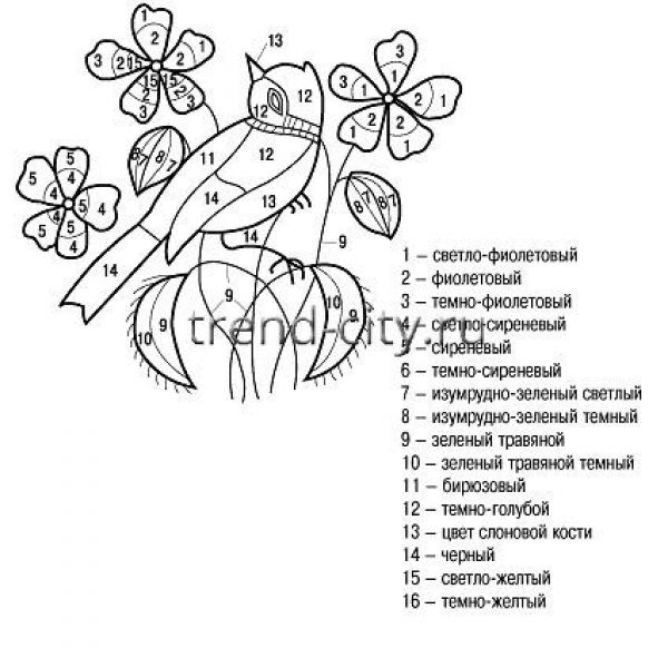 Схема вышивки гладью - Птичка в цветах