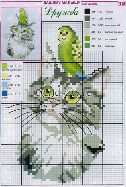 Схема вышивки крестом - Кот и попугай