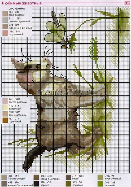 Схема вышивки крестом - Кот на лугу с бабочкой