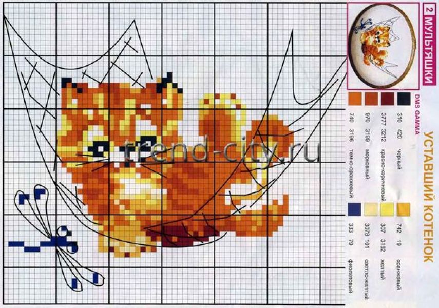 Схема вышивки крестом - Кот в гамаке