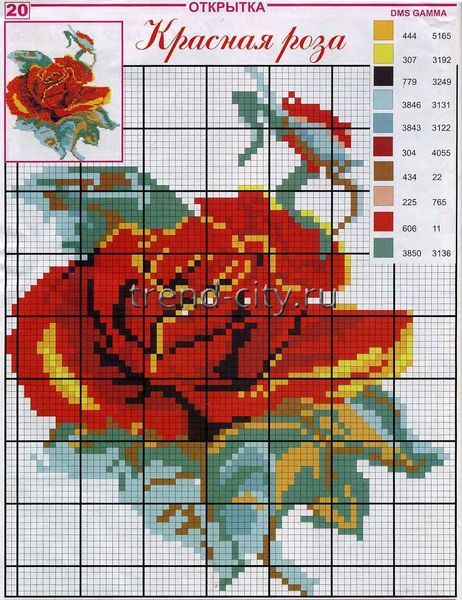 Схема вышивки крестом - Пышная красная роза