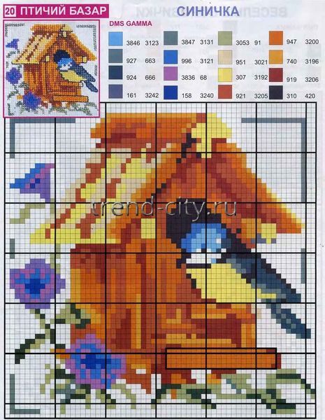 Схема вышивки крестом - Синичка в домике