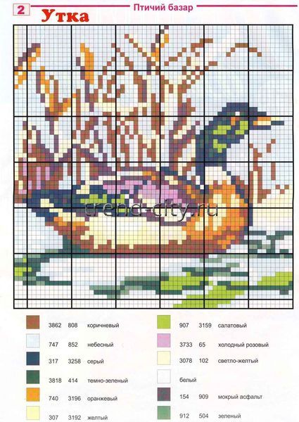 Схема вышивки крестом - Утка на пруду
