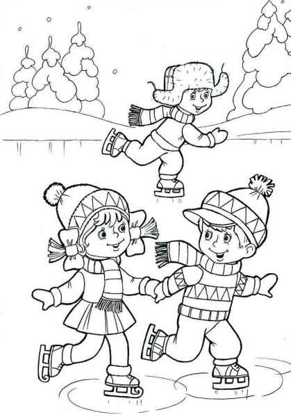 Мальчики с девочкой катаются на льду на коньках